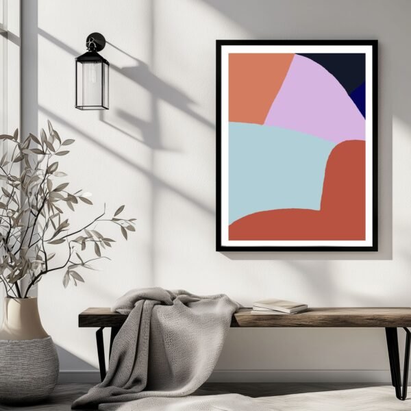 Framed abstract geometric art print featuring various shapes in pastel and earthy tones.