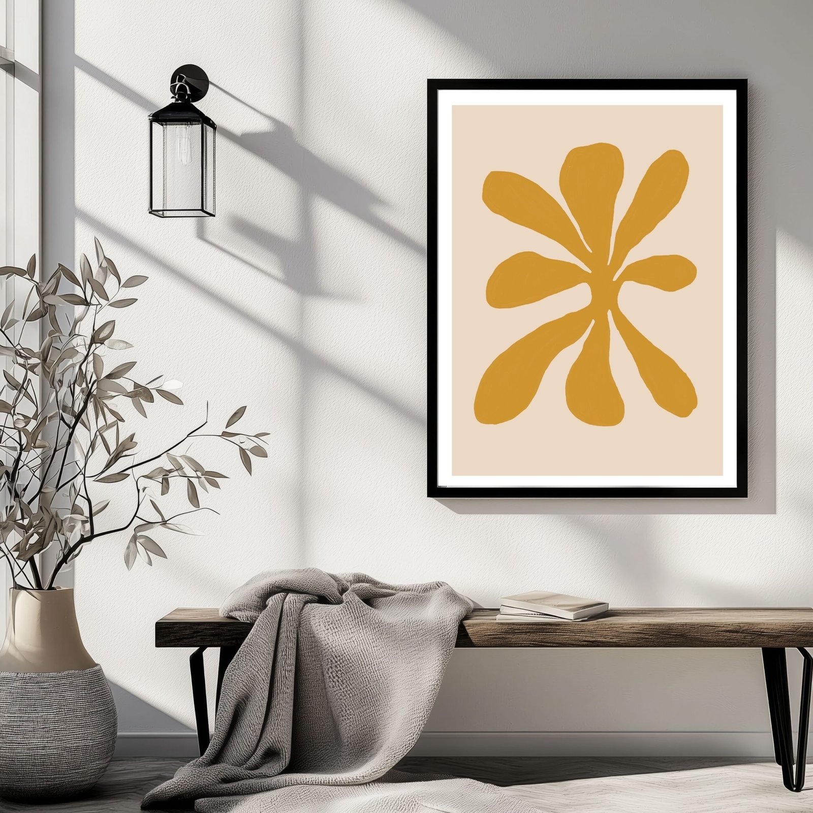 Abstract artwork featuring a yellow floral design on a beige background in a framed display.