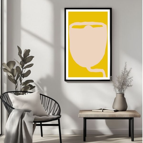 Abstract art print featuring a beige shape on a yellow background within a black frame.