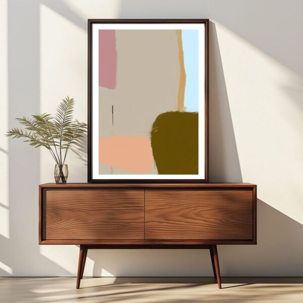 Wall art featuring abstract soft pastel shapes in pink, peach, and mustard, a gentle and modern addition to any space.
