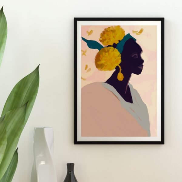 Wall art featuring a black silhouette of a woman adorned with yellow flowers in her hair, a striking and elegant piece.