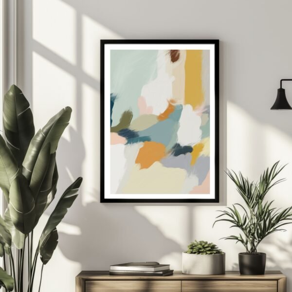 Abstract brushstroke artwork in soft blue and yellow tones, framed in black for a sleek contemporary decor piece.