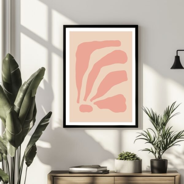 Abstract artwork featuring pink shapes on a beige background within a black frame.