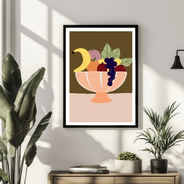Art print featuring a bowl of fruit including a banana, grapes, and an apple.