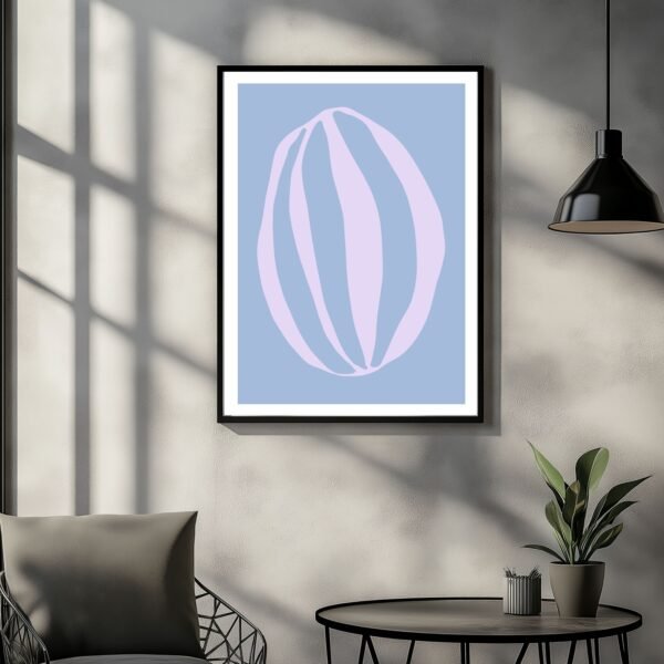 Abstract art print featuring a lilac oval shape on a blue background.