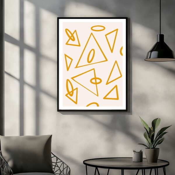 Art print featuring a pattern of triangles and ovals in yellow on a light background.