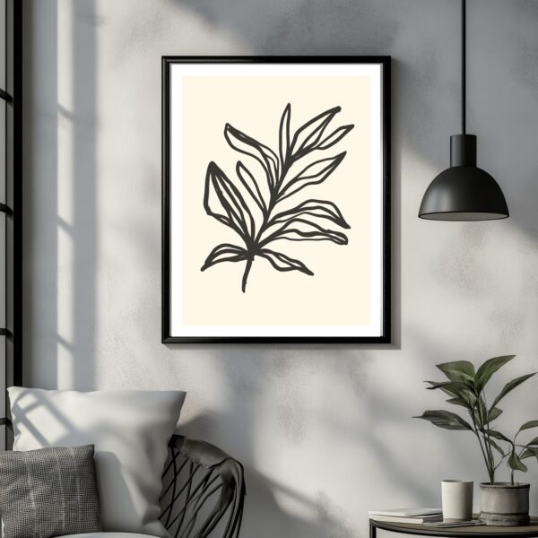 Minimalist black line illustration of leaves set against a soft cream background, perfect for modern wall decor.