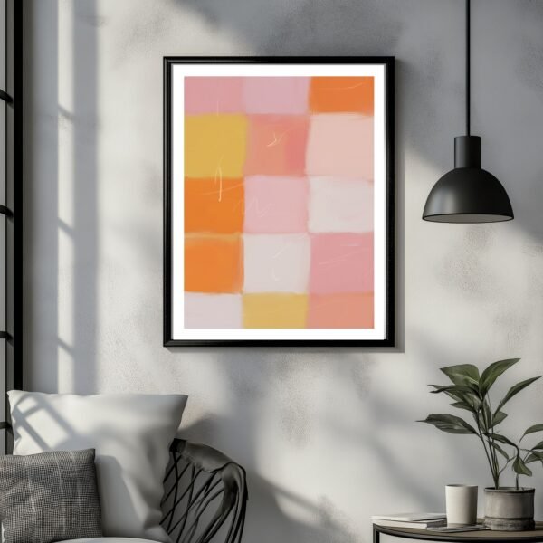 Abstract artwork featuring a grid of soft pastel colors including pink, orange, and yellow in a framed print.