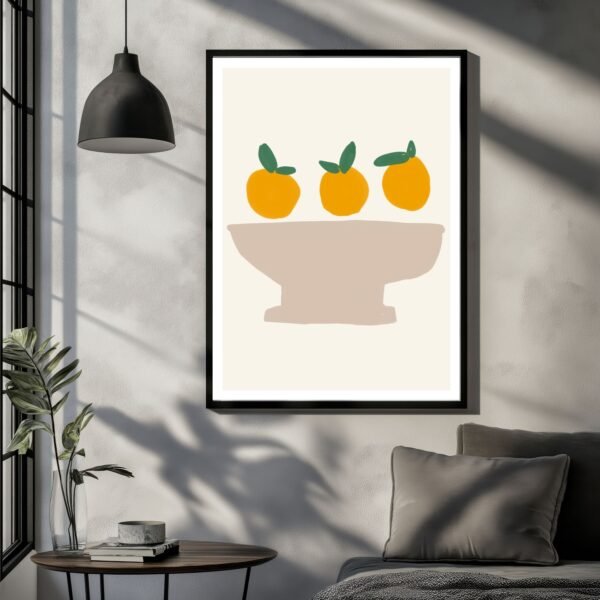 Artistic illustration of three oranges in a bowl accented with green leaves, a fresh and vibrant design. For kitchen and dinning wall art