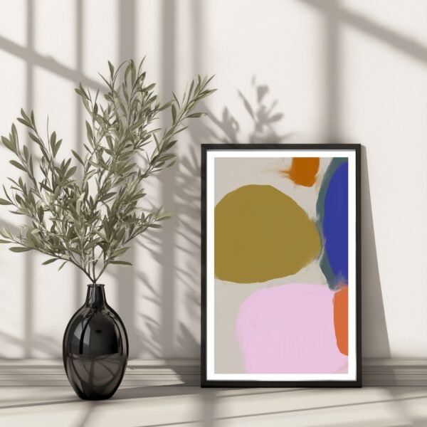 Abstract wall art featuring earthy shapes accented with bold blue, orange, and pink hues, perfect for adding a vibrant touch to any room.