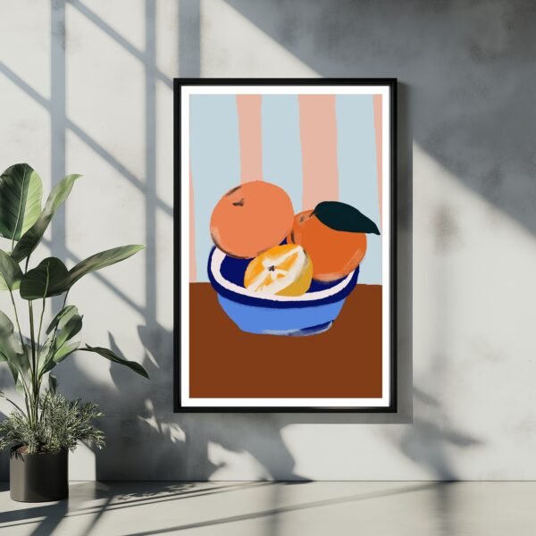 Vibrant artwork of a citrus bowl filled with ripe oranges and lemons, a lively piece for brightening up any space.