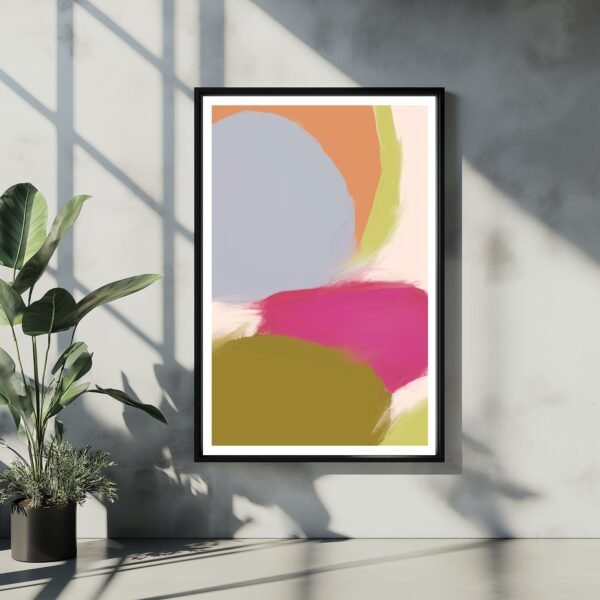 Contemporary wall art featuring abstract shapes in pink, green, and yellow, a vibrant and modern addition to any space.