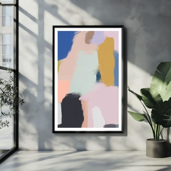 Bold abstract artwork with dynamic forms and lively colours, a striking piece for contemporary interior decor.