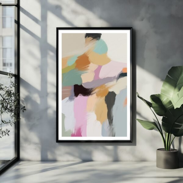 Abstract portrait artwork with soft, flowing lines in pastel hues, framed in black for a modern and elegant look.