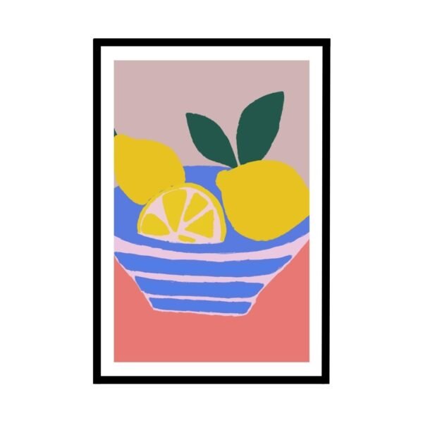 Cheerful lemon bowl art print with vibrant yellow and green tones