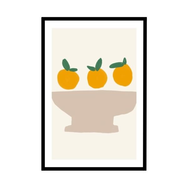 Illustration of three orange fruits in a bowl with green leaves
