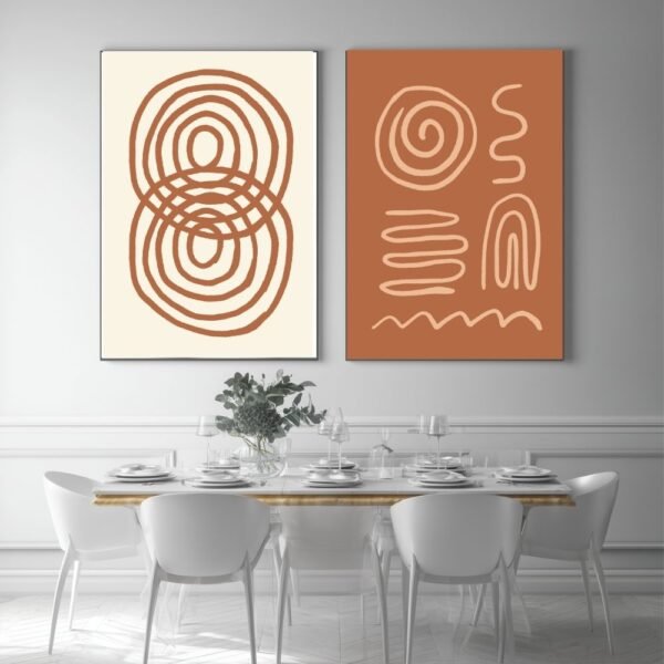 2 set Abstract line art print featuring circular and wavy designs in neutral colors.