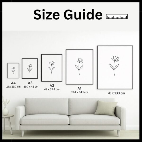 Size guide displaying various framed artwork dimensions from A4 to A1 next to a couch.