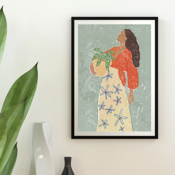 Illustration of a woman holding a plant, wearing a red top and patterned skirt, framed on a wall.
