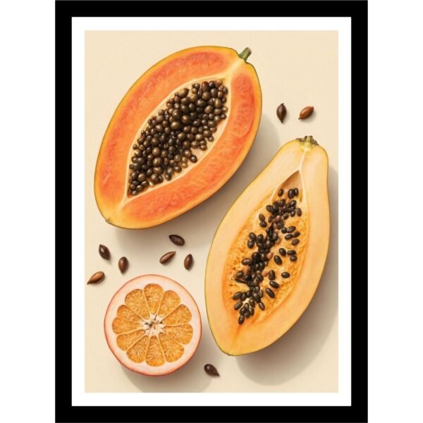 Halved papaya with seeds and a sliced citrus fruit on a neutral background.