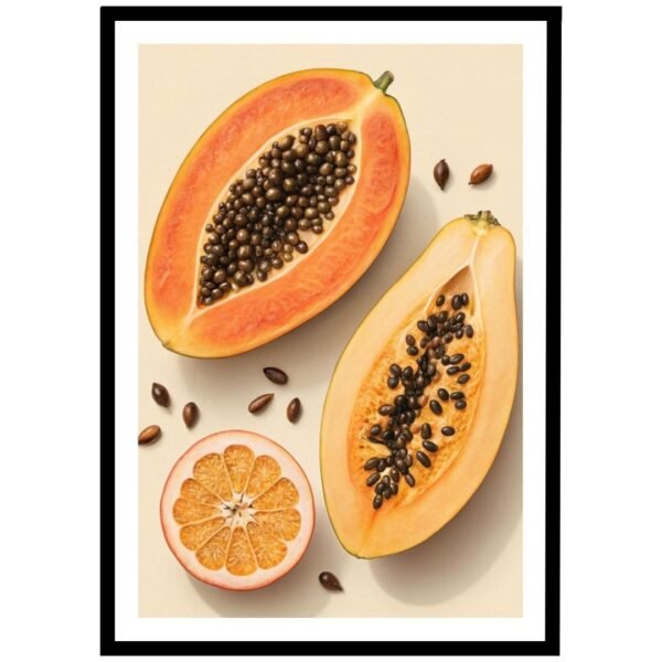 Halved papaya with seeds and a sliced citrus fruit on a neutral background.
