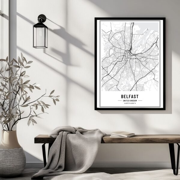 Map of Belfast, United Kingdom, featuring streets and key landmarks in a black and white design.