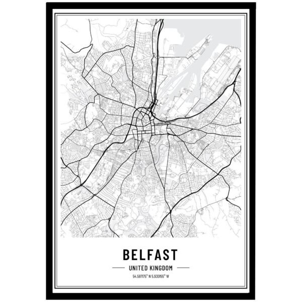 Minimalist monochrome Belfast city map print highlighting streets and landmark