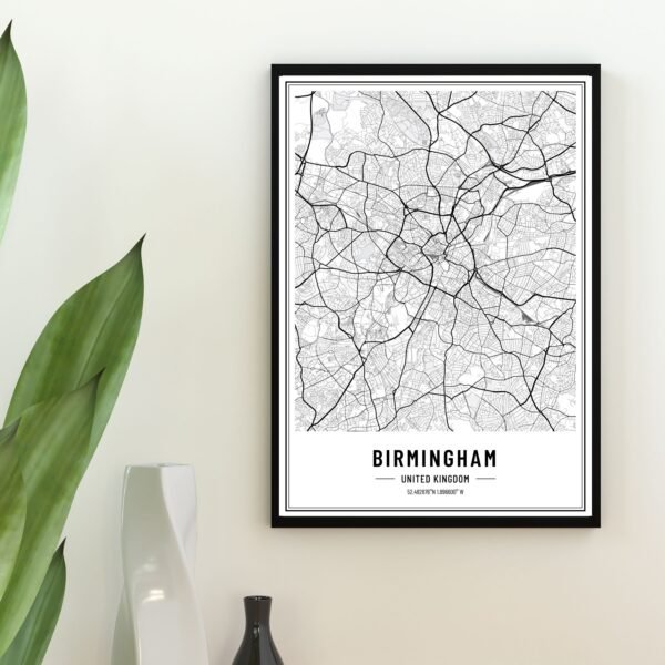 Black and white map of Birmingham, United Kingdom, featuring streets and districts in a detailed layout.