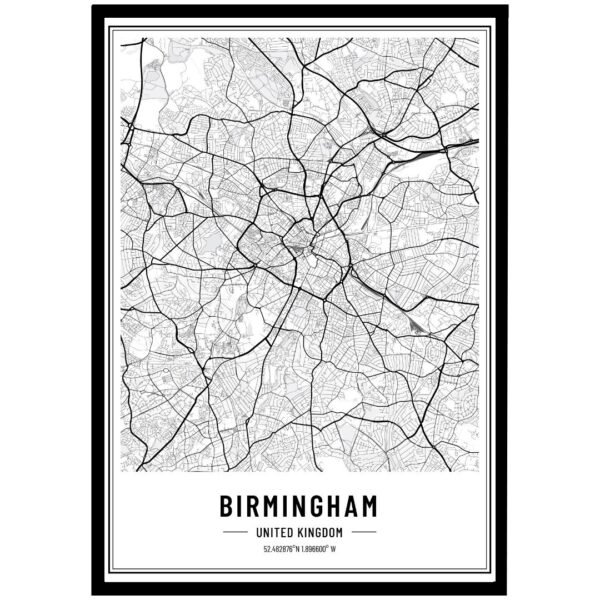 Detailed black and white map of Birmingham, United Kingdom, showing streets and layout.