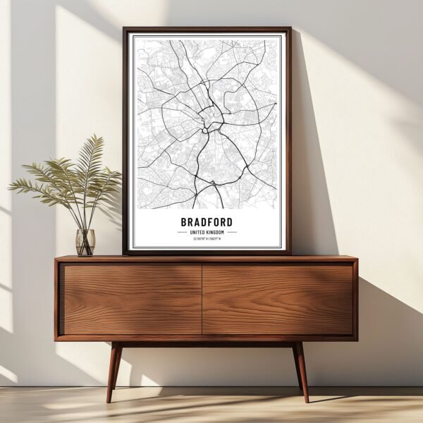 Minimalist monochrome Bradford city map print with detailed urban design