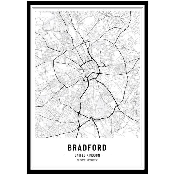 Black and white map of Bradford wall art showing detailed streets and city layout