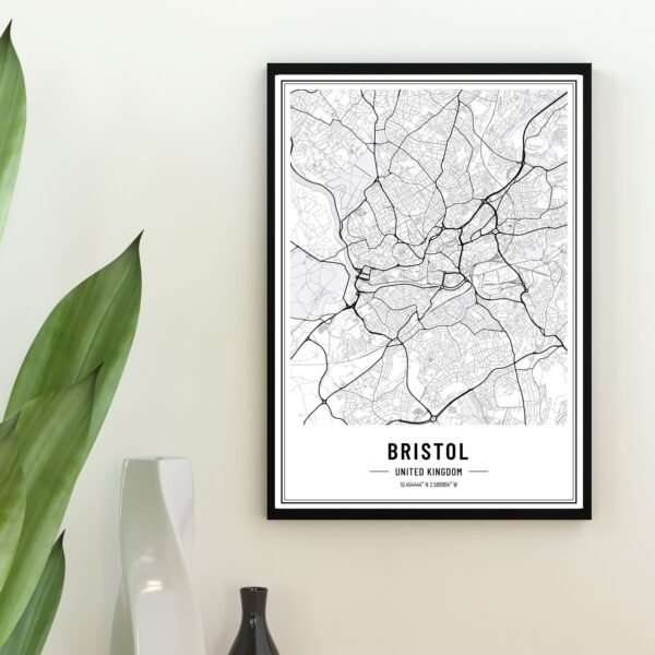 Black and white map of Bristol, United Kingdom, showing streets and layout in a detailed design.