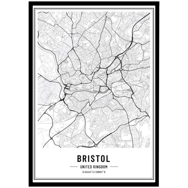 Black and white map of Bristol, United Kingdom, showing streets and layout in detailed design.