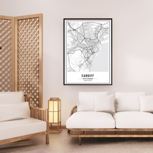 Black and white map of Cardiff, United Kingdom, displaying streets and layout in a minimalist design.