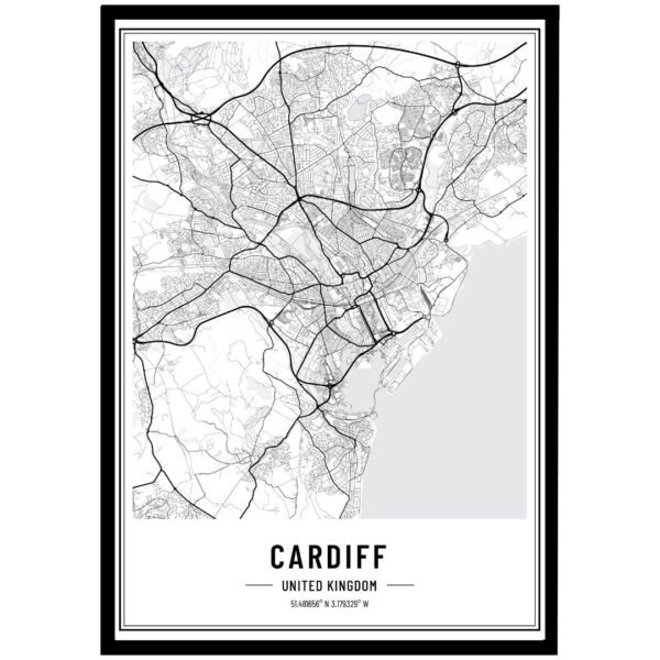 Black and white map of Cardiff, United Kingdom, featuring streets and key areas in a detailed layout.