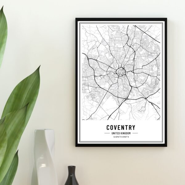 Black and white map of Coventry, United Kingdom, featuring streets and layout in a detailed design.