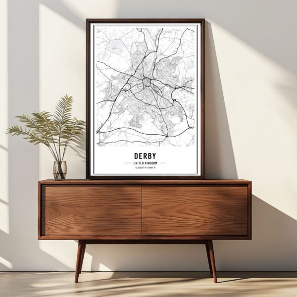 Black and white map of Derby wall art showing detailed streets and city layout