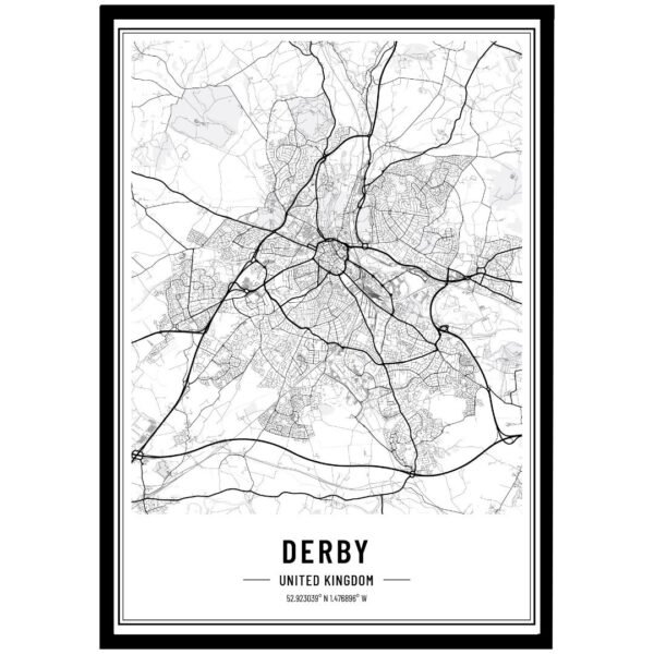Minimalist Derby city map print with fine street details