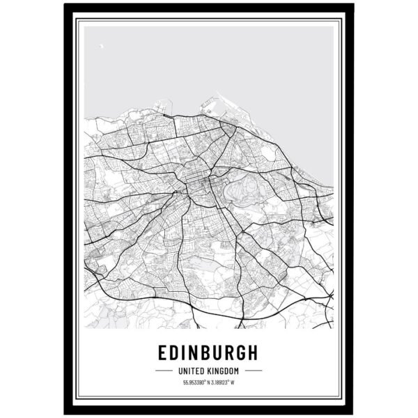 Black and white map of Edinburgh, United Kingdom, showing streets and layout in a detailed design.
