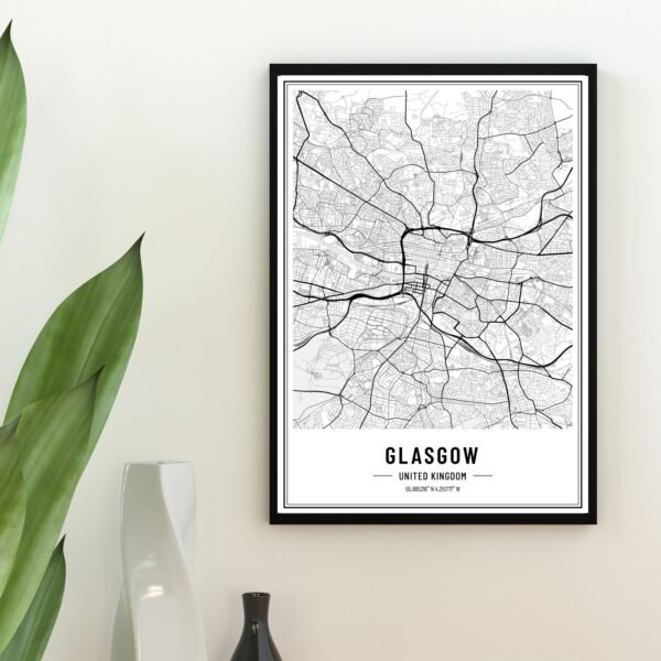 Black and white map of Glasgow wall art showing detailed streets and city layout