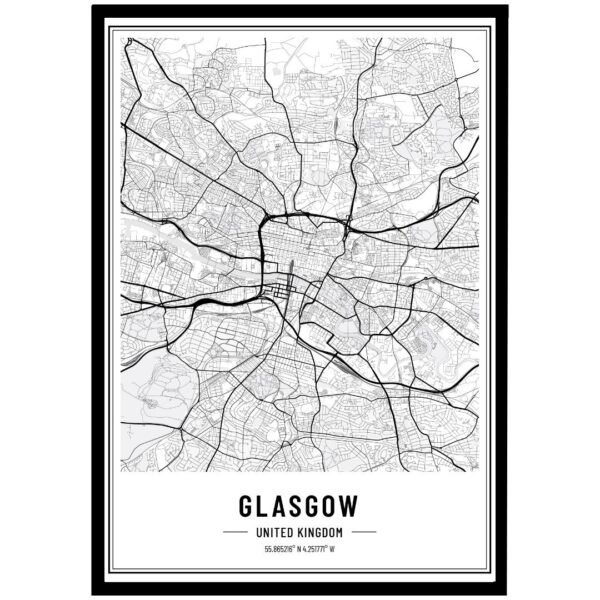 Black and white map of Glasgow, United Kingdom, showing streets and layout in a detailed design.