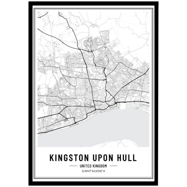 Minimalist monochrome Kingston-Upon-Hull city map print highlighting detailed streets