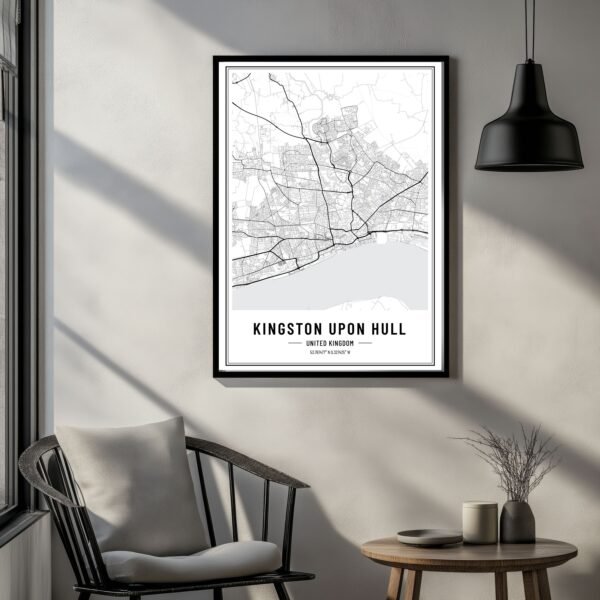 Black and white map of Kingston-Upon-Hull wall art showing streets and city layout