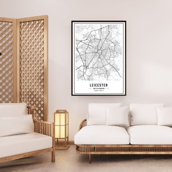 Black and white map of Leicester wall art showing detailed streets and city layout