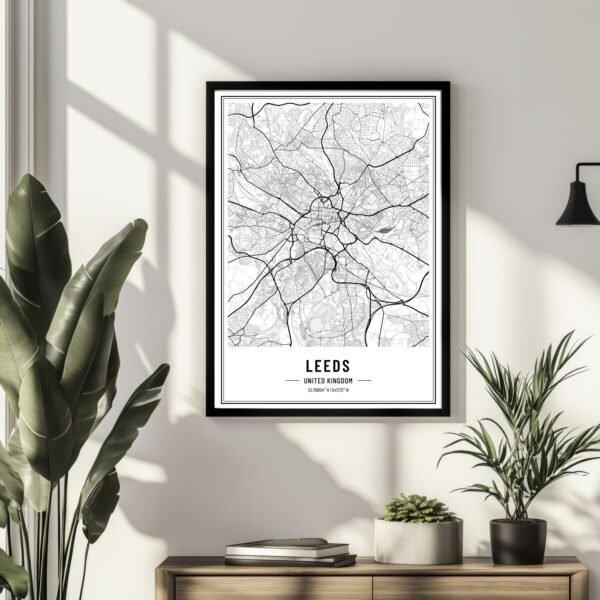 Black and white map of Leeds wall art showing detailed streets