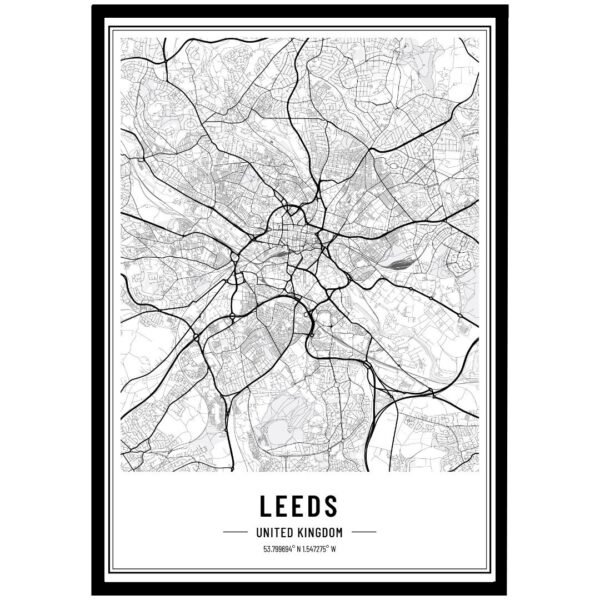 Map of Leeds, United Kingdom, displaying streets and key geographical features in a detailed black and white design.