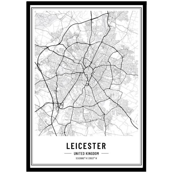 Black and white map of Leicester, United Kingdom, showing streets and layout in a detailed design.