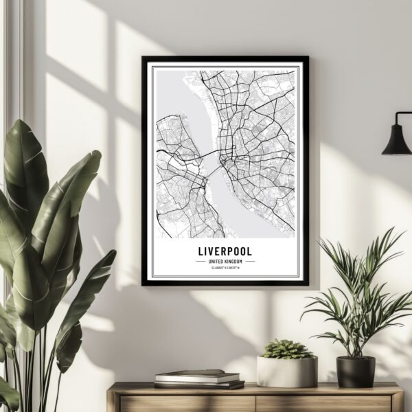 Black and white map of Liverpool wall art showing detailed streets and city layout