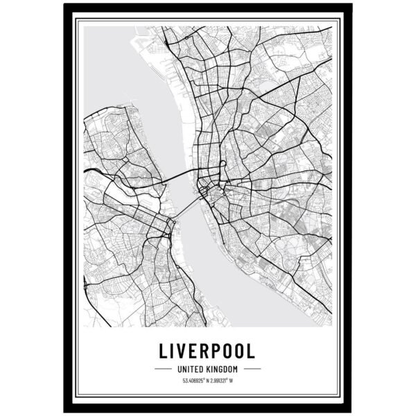 Minimalist monochrome Liverpool city map print highlighting streets and River Mersey