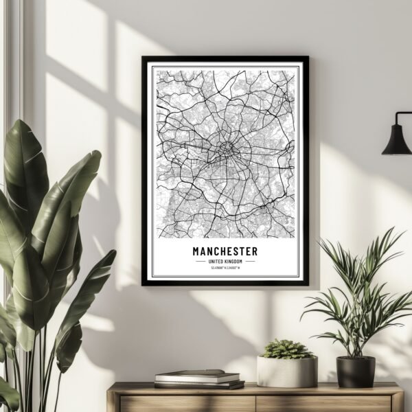 Minimalist monochrome Manchester city map print highlighting urban design